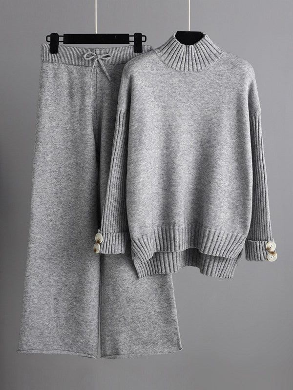 Solid Color Half Turtleneck Sweater  & Wide Leg Pants