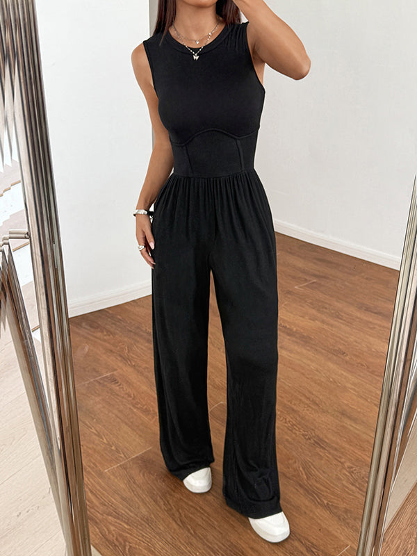 High Waisted Loose  Round-Neck Jumpsuits