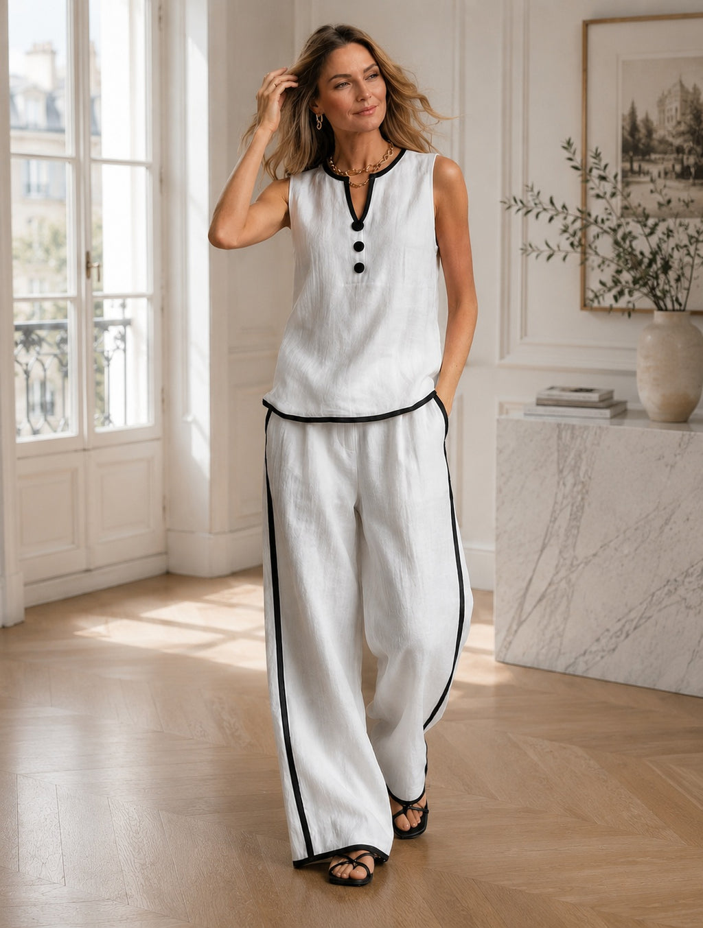 Contrast Trim Linen Set