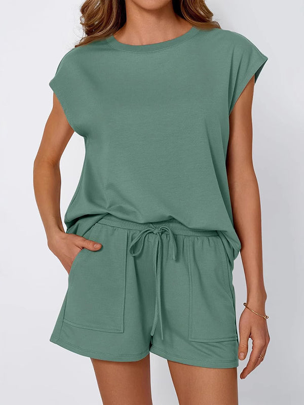 Loose  Round-Neck T-Shirt + Drawstring Elasticity Short