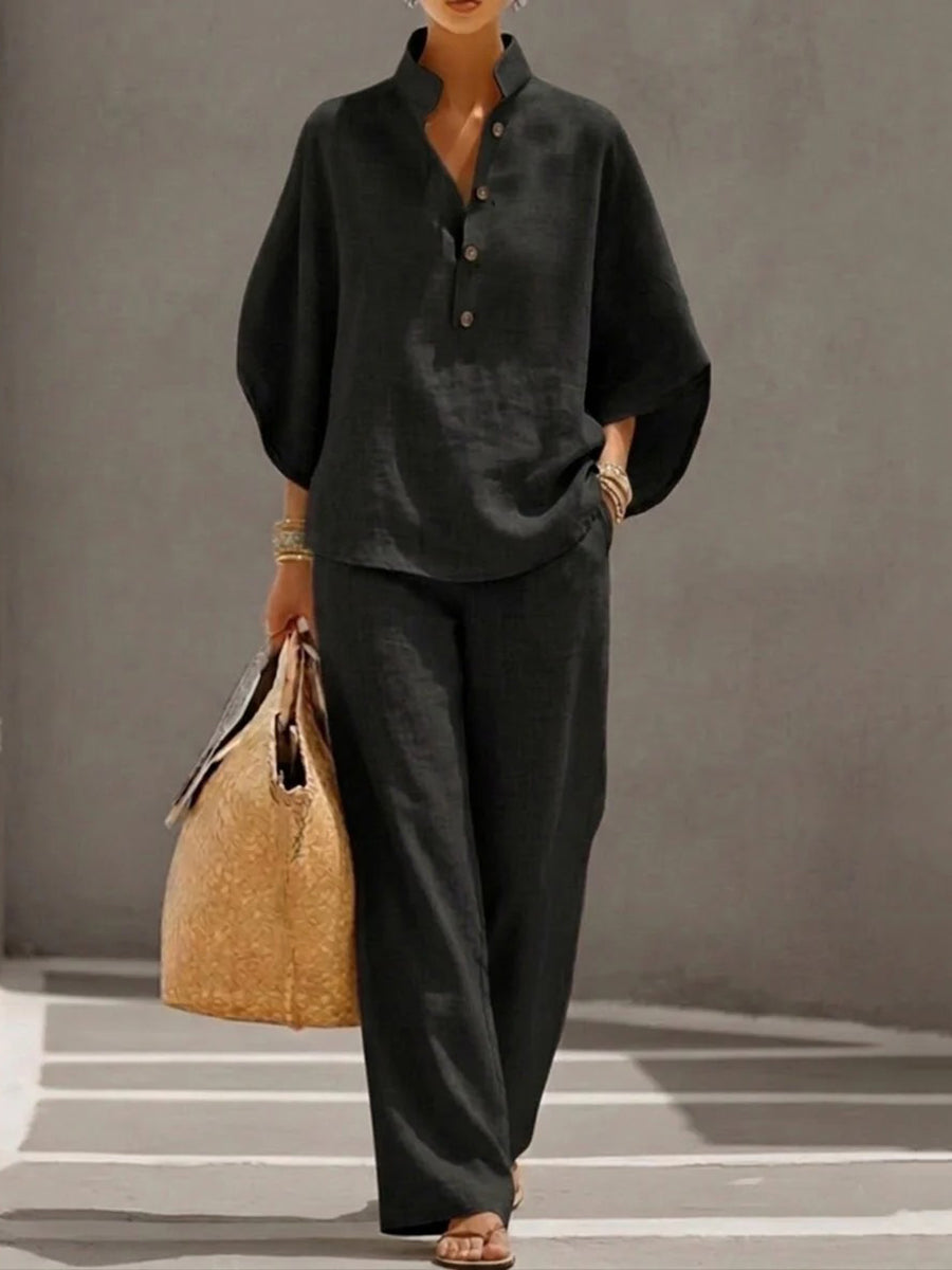 Collar Blouses+ High Waisted Pockets Pants Set