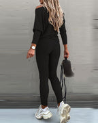 2 Pieces Outfit Skew Neck Long Sleeve Loose Pullover Top and Drawstring High Waist Slim Fit Pants Set