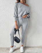 2 Pieces Outfit Skew Neck Long Sleeve Loose Pullover Top and Drawstring High Waist Slim Fit Pants Set