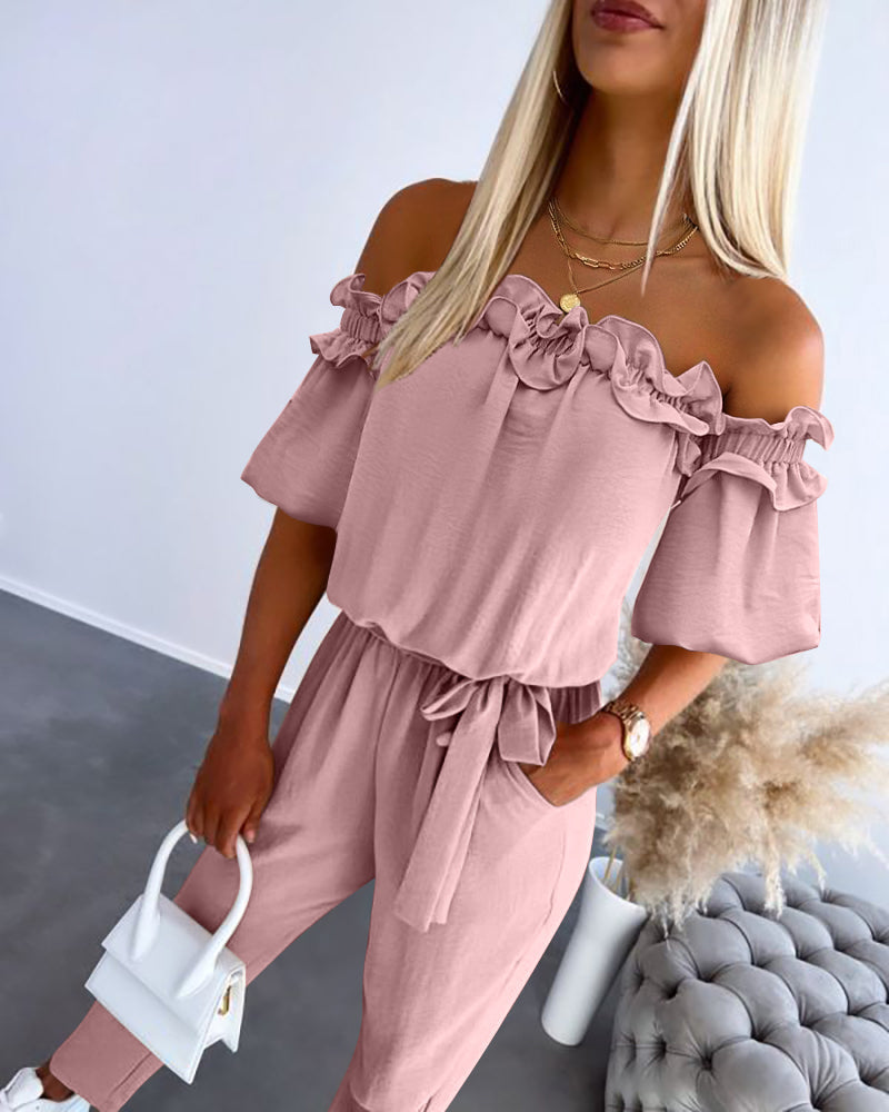 Frill Trim Off Shoulder Short Sleeve Tie Waist Overalls Casual