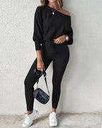 2 Pieces Outfit Skew Neck Long Sleeve Loose Pullover Top and Drawstring High Waist Slim Fit Pants Set