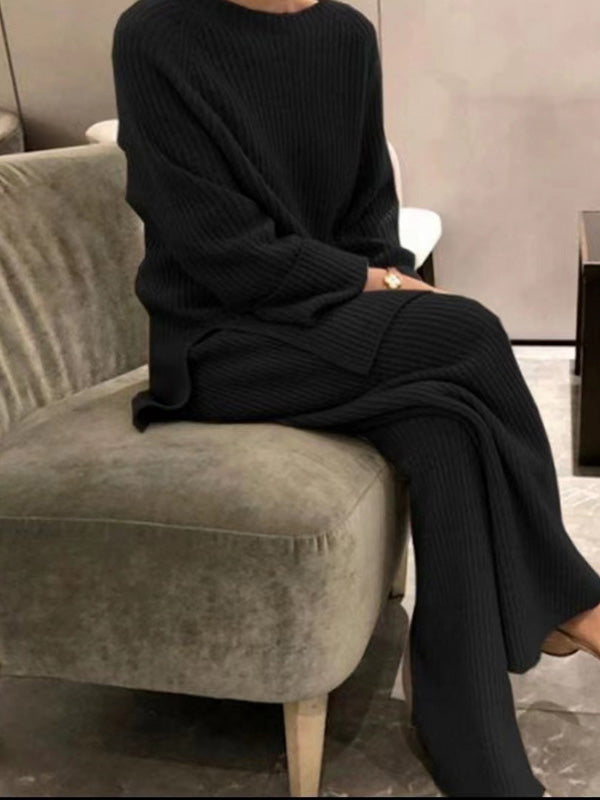 Loose Round-Neck Sweater& Wide Leg Pants