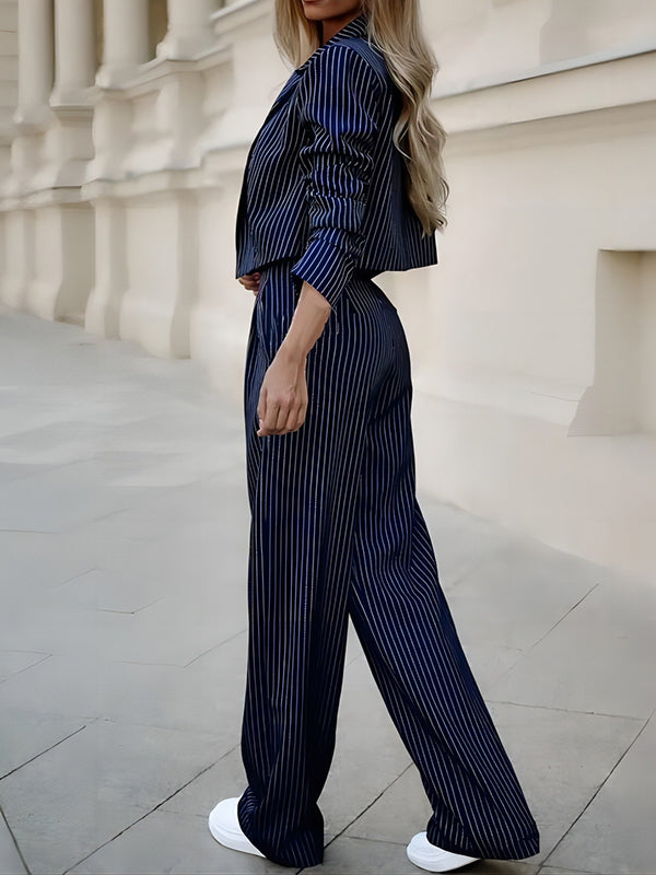 Loose Joint Striped Lapel Jacket + Straight Leg Suit Pants  Set