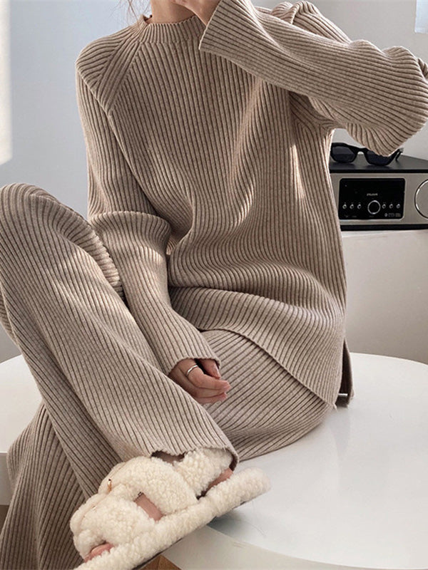 Loose Round-Neck Sweater& Wide Leg Pants