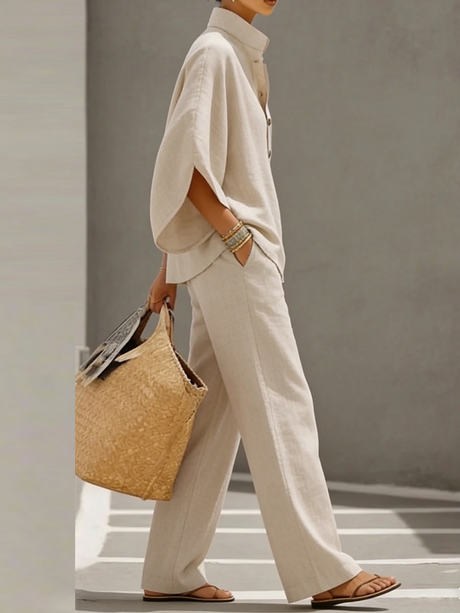 Collar Blouses+ High Waisted Pockets Pants Set