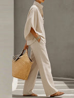 Collar Blouses+ High Waisted Pockets Pants Set