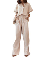 High-Low Long Sleeves Blouse + Drawstring Pants Set