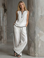 Contrast Trim Linen Set