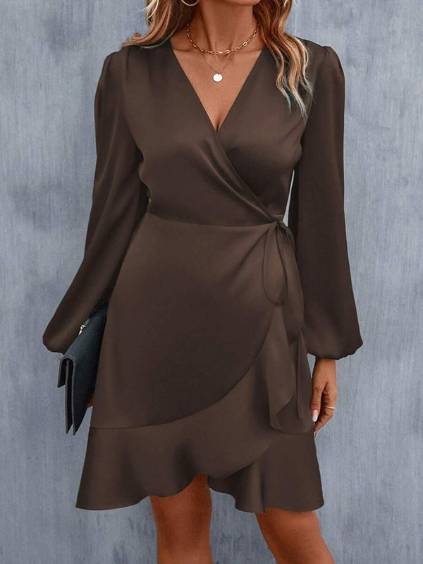 High Waisted Split-Joint Tied V-Neck Mini Dresses