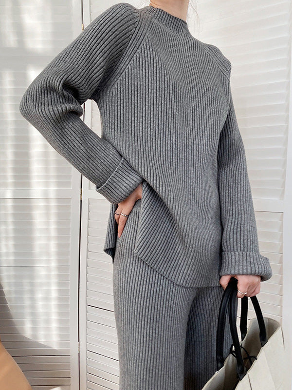 Loose Round-Neck Sweater& Wide Leg Pants