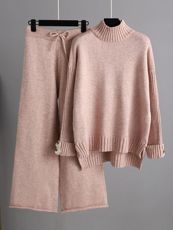 Solid Color Half Turtleneck Sweater  & Wide Leg Pants