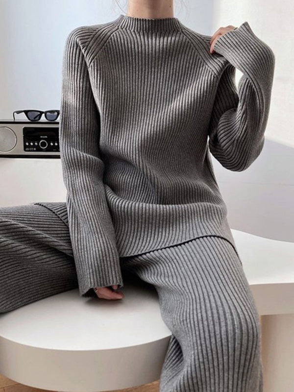Loose Round-Neck Sweater& Wide Leg Pants
