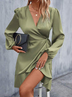 High Waisted Split-Joint Tied V-Neck Mini Dresses