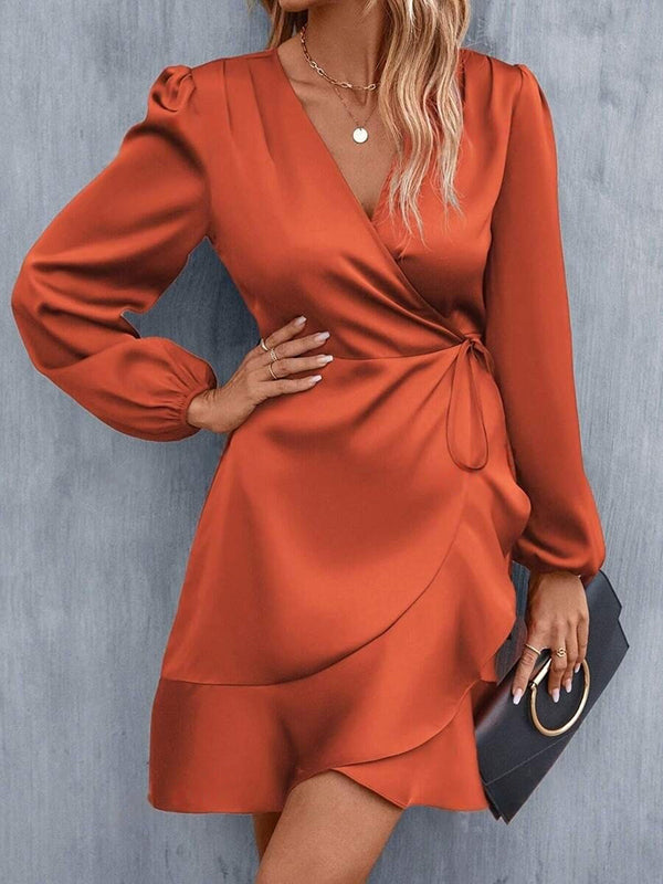 High Waisted Split-Joint Tied V-Neck Mini Dresses