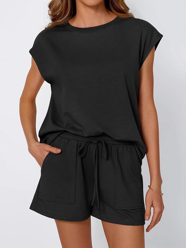 Loose  Round-Neck T-Shirt + Drawstring Elasticity Short