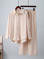 High-Low Long Sleeves Blouse + Drawstring Pants Set