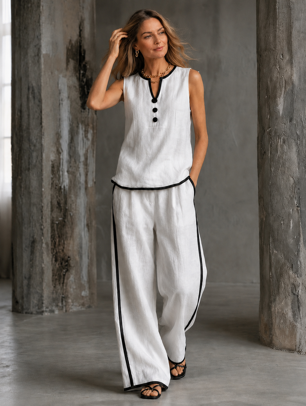 Contrast Trim Linen Set
