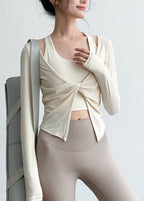 Art Beige V Neck Wrinkled Yoga Tops Spring