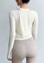 Art Beige V Neck Wrinkled Yoga Tops Spring