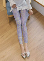 Art Light Purple Print Butt Scrunch Mesh Panel Leggings Capri Leggings