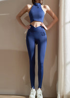 Navy High Waist  Button Sports Bra And Leggings Set
