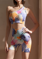 Art One Shoulder Sports Bra And Shorts Leggings Set Suit