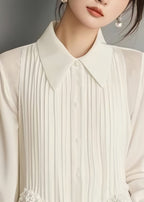Art White Button Lace Solid Chiffon Blouses Spring