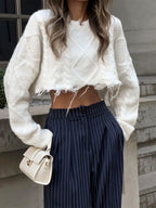 Women's Wide Leg Trousers - High-Waist Pinstripe Pleated Palazzo Trousers - Navy Blue
