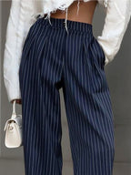 Women's Wide Leg Trousers - High-Waist Pinstripe Pleated Palazzo Trousers - Navy Blue