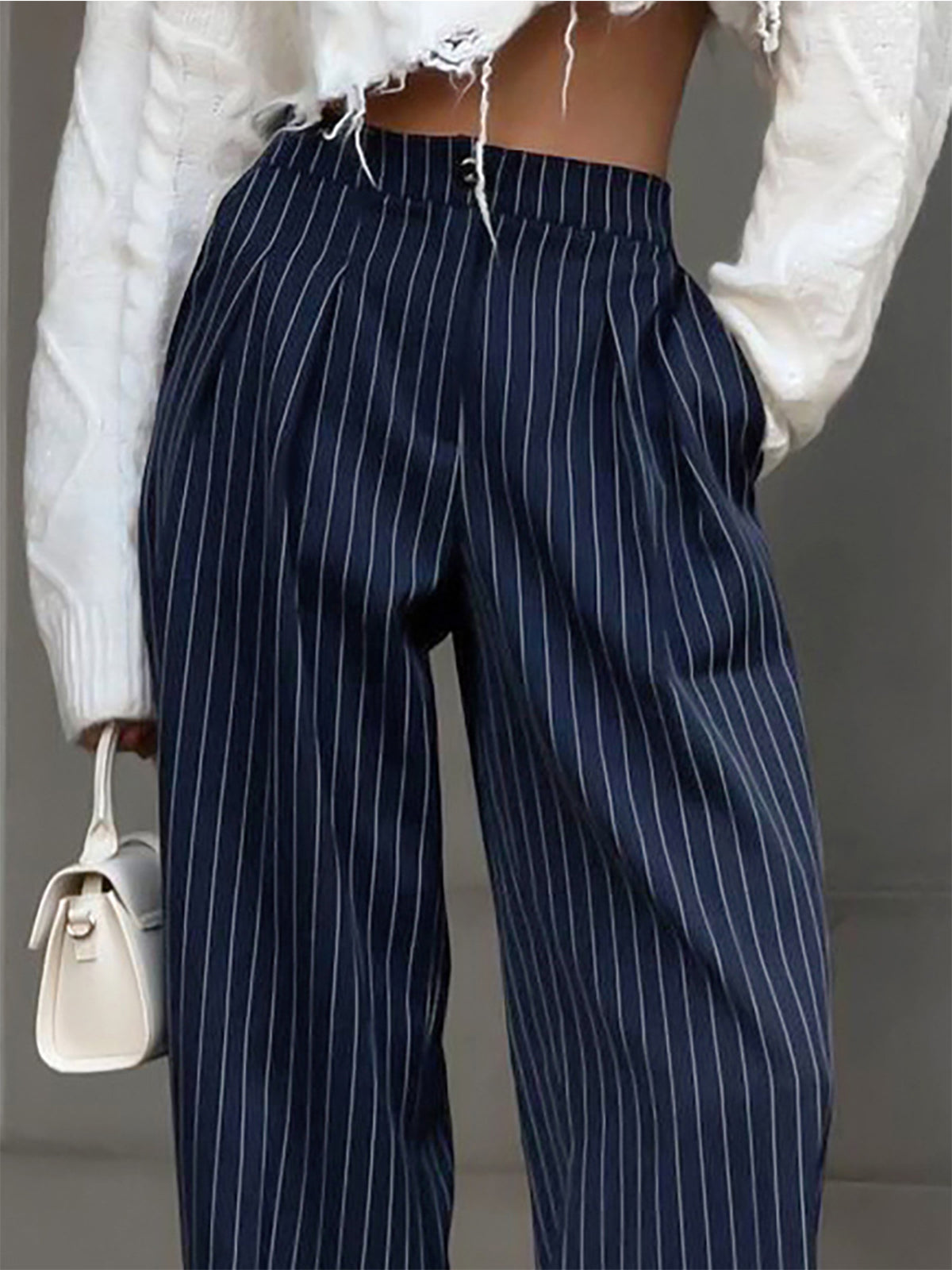 Women's Wide Leg Trousers - High-Waist Pinstripe Pleated Palazzo Trousers - Navy Blue