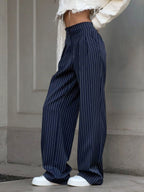 Women's Wide Leg Trousers - High-Waist Pinstripe Pleated Palazzo Trousers - Navy Blue