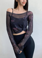 Black Cold Shoulder Fake Two Pieces Yoga Tops