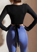 Black Patchwork Tie Waist Solid Yoga Shirts