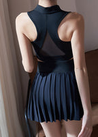 Black Peter Pan Collar Sports Bra And Skirt Set Suit Athletic Leggings