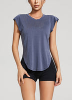 Blue Patchwork Solid Loose Yoga Top Summer