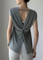 Brief Blackish Green O-Neck Wrinkled Solid Short Sleeve Yoga Top