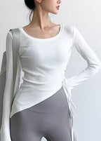 Brief White Asymmetrical Long Sleeve Tie Waist Yoga T Shirts