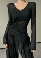 Chic Beige Asymmetrical Wrinkled Ice Silk Yoga Top