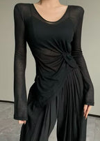 Chic Beige Asymmetrical Wrinkled Ice Silk Yoga Top