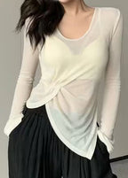 Chic Beige Asymmetrical Wrinkled Ice Silk Yoga Top