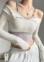 Chic White Ruffled Patchwork Fake Two Pieces Long Sleeve Yoga Top