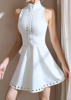 Classy White Stand Collar Patchwork Tennis Dress