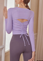 Elegant Purple O-Neck Drawstring Yoga Tops Fall