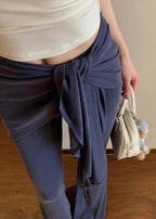 Fine Navy Blue High Waist Tie Waist Lengthening Flare Leggings