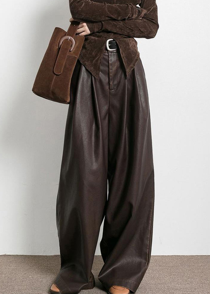 Brown Pockets High Waist Faux Leather Pants
