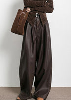 Brown Pockets High Waist Faux Leather Pants